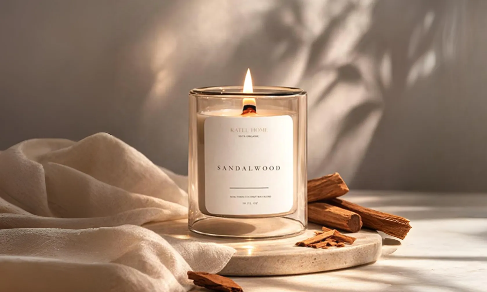 Sandalwood candle in warm interior light